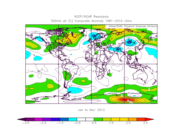 500 hPa temperature anomaly (°C) in 2012 with respect to the reference period 1981-2010. Data NOAA-NCEP.