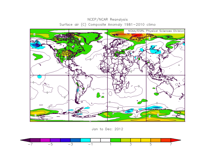 Surface temperature anomaly (°C) in 2012 with respect to the reference period 1981-2010. Data NOAA-NCEP.
