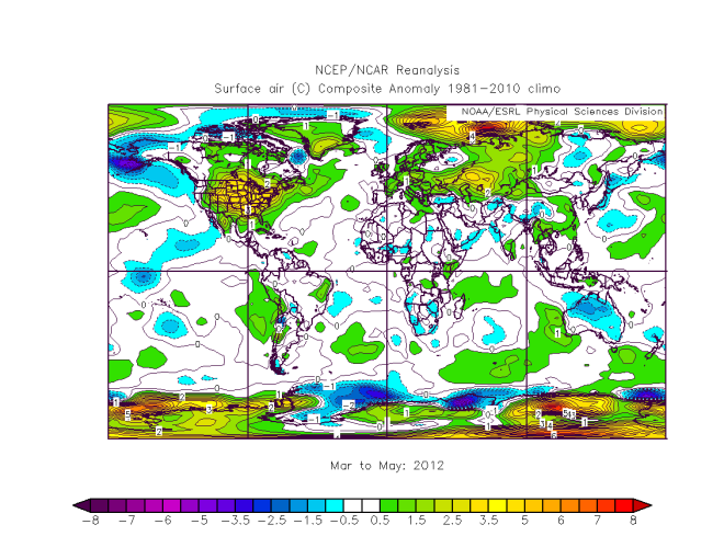 Surface temperature anomaly (°C) on the period March - May 2012 with respect to the 1981-2010 reference period. NOAA-NCEP data.