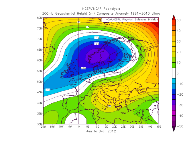 200 hPa geopotential height anomaly (in m) relative to the period December 2011-February 2012 with respect to the 1981-2010 reference period. NOAA-NCEP data.