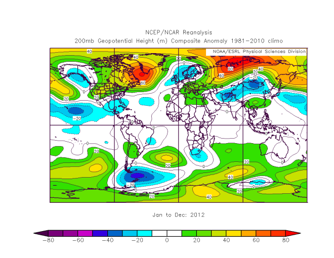200 hPa geopotential height anomaly (in m) relative to the period December 2011 - February 2012 with respect to the 1981-2010 reference period. NOAA-NCEP data.