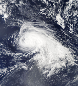 Hurricane Nadine photographed on September 15, 2012 (left) and his track from the time of his birth until his death (right).