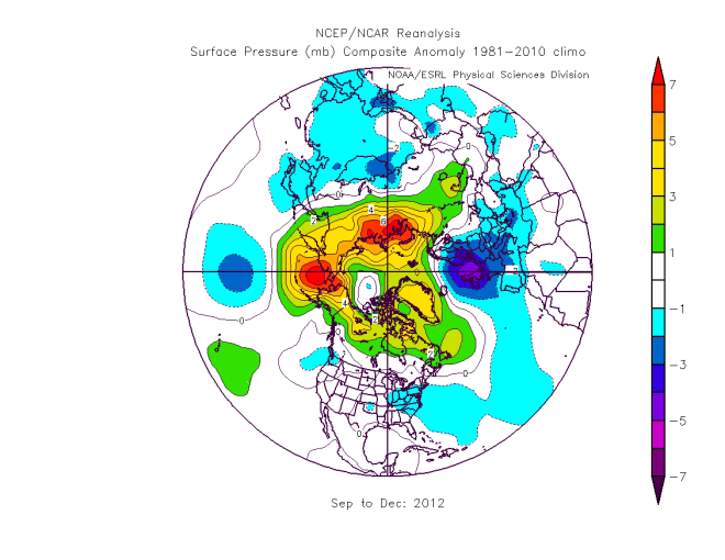 Surface pressure anomaly (hPa) related to the period September-December 2012 and compared to the 1981-2010 reference period. NOAA-NCEP data.