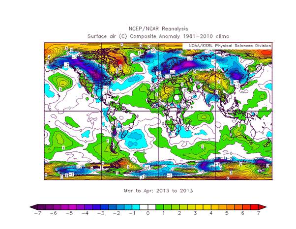 Anomaly of surface temperatures recorded during March and April, 2013, with respect to the period 1981-2010. A large cold area covers a big portion of North America and another one covers most of Europe, while central Asia, Africa, Greenland and both polar regions are experiencing unusually warm periods. Source: NCEP-NCAR.