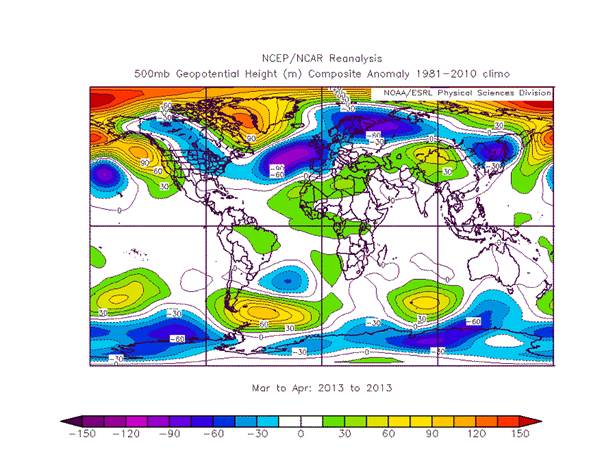 Anomaly of 500 hPa geopotential height recorded during March and April, 2013, with respect to the period 1981-2010. Note the almost perfect coincidence between cold areas and areas with negative 500 hPa anomaly. Source: NCEP-NCAR.